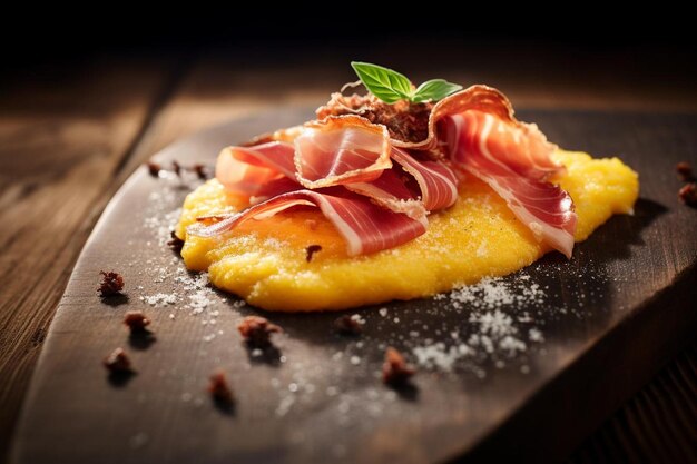 Polenta gourmet com prosciutto crocante em fundo branco Comida deliciosa