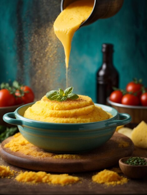 Foto polenta italiana de maíz molido con textura suave y cremosa fotografía cinematográfica de alimentos