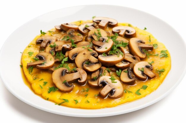 Foto polenta saudável com molho de cogumelos selvagens em fundo branco comida deliciosa