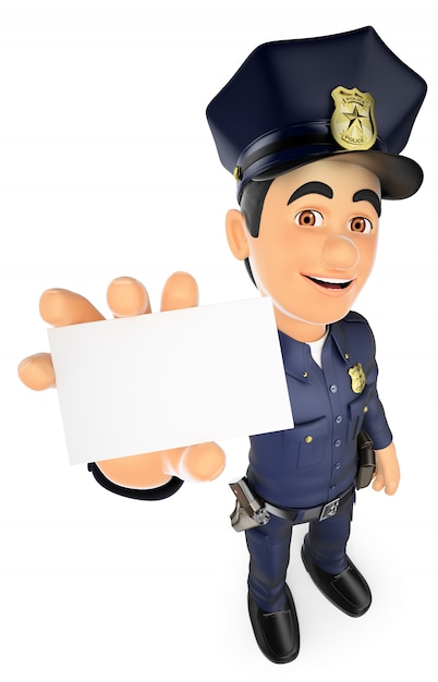 Policía 3D con una tarjeta en blanco