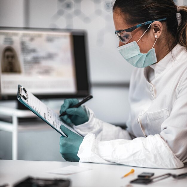 Foto la policía forense tomando notas