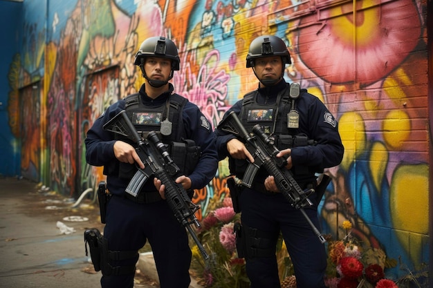 policía de pie patrullando en las calles