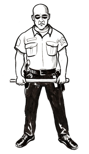 Policía policía estadounidense. Dibujo a tinta en blanco y negro
