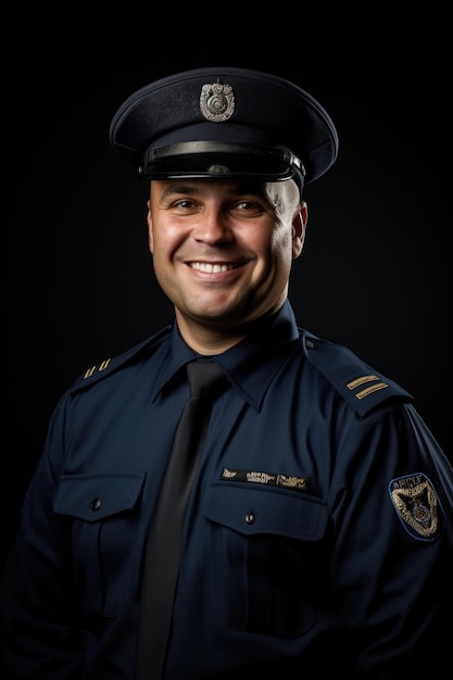 El policía sonríe. Foto de estudio muy detallada sobre la cintura. Fondo azul oscuro.