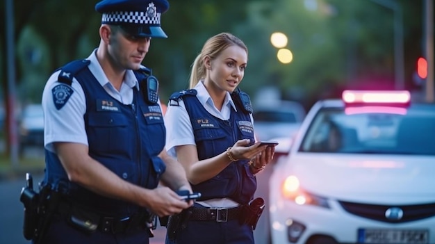 Foto policiais de ambos os sexos em serviço fiscalizam veículos suspeitos gerar ia