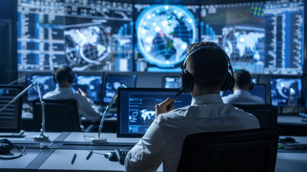 Foto policiais em um moderno centro de chamadas 911 para resposta de emergência com espaço para texto