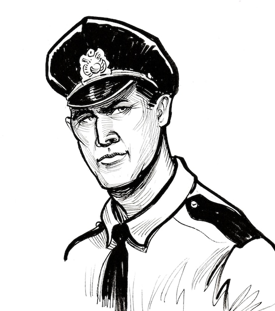 Policial americano de uniforme. Desenho de tinta preto e branco