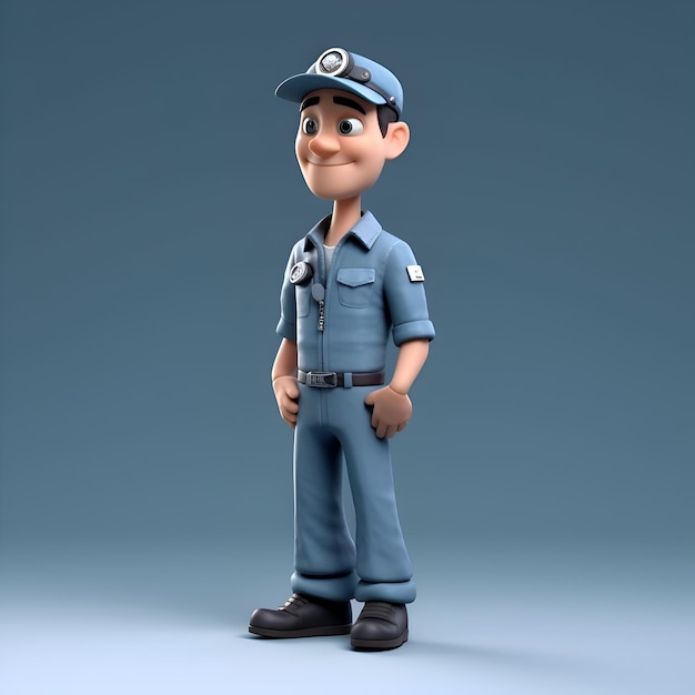 Foto policial de desenho animado com uniforme azul em um fundo azul ilustração 3d