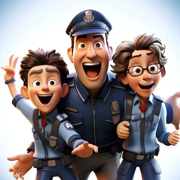 Foto policial e crianças em uniforme de polícia ilustração 3d