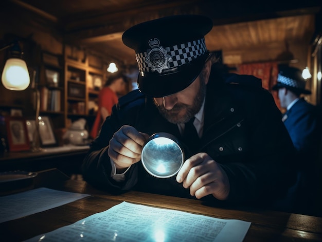 Foto policial está examinando meticulosamente a cena em busca de evidências durante sua investigação