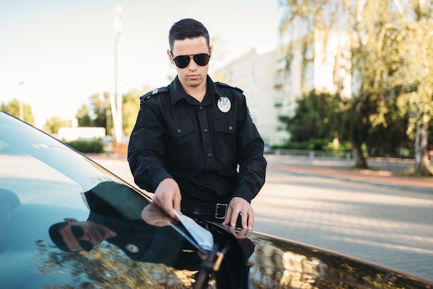 Policial masculino uniformizado paga multa na estrada