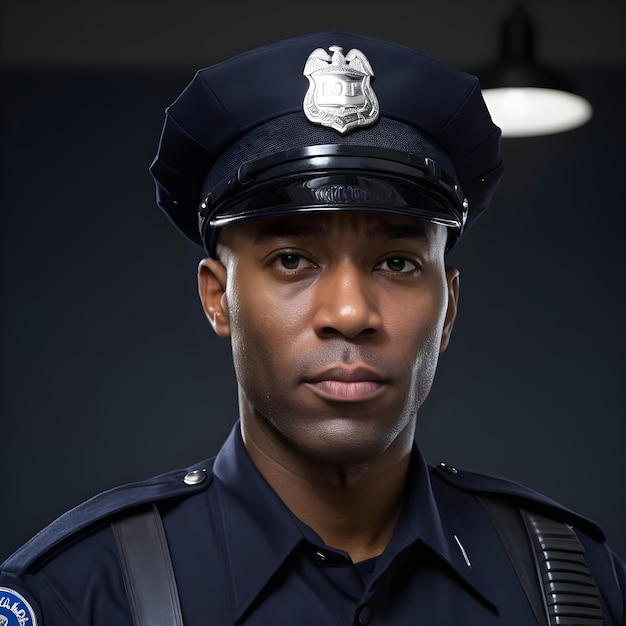 Foto policial preto atraente em uniforme de trabalho.