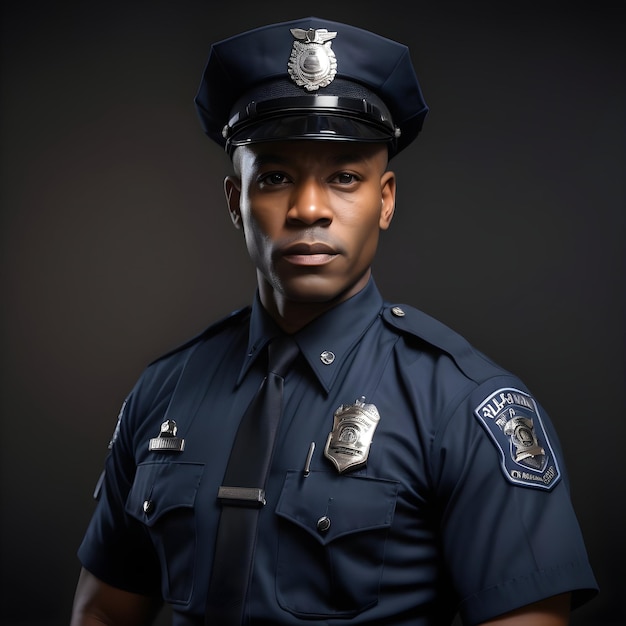 Foto policial preto atraente em uniforme de trabalho.