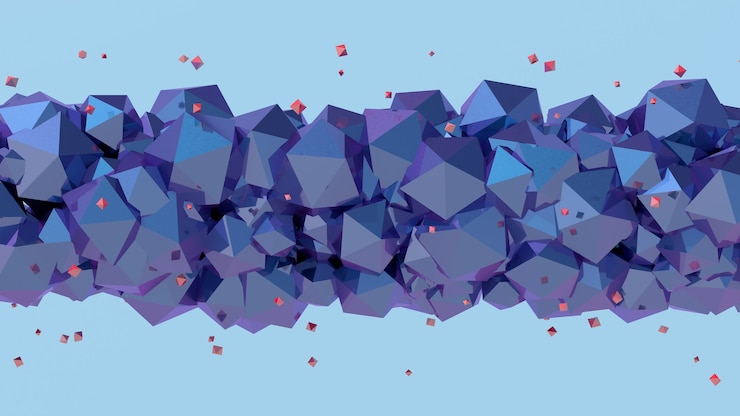 Foto poliedros morados y azules, partículas rojas, fondo azul. ilustración abstracta, render 3d.