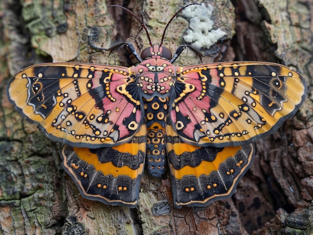 Foto la polilla de colores vibrantes con patrones intrincados se apoya en la corteza de los árboles con textura en un entorno natural