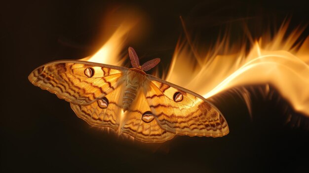 Una polilla de dardo aparece en llamas con sus alas iluminadas como si estuvieran en fuego contrastando fuertemente contra un fondo oscuro y brillante