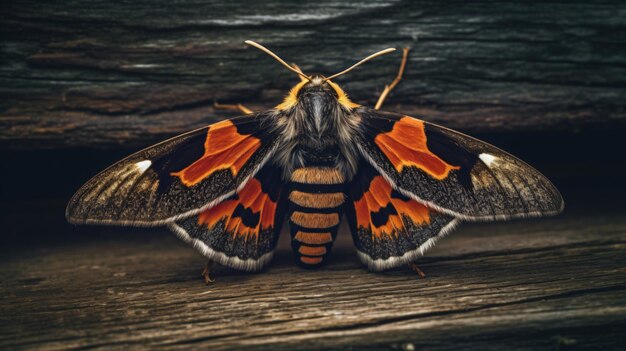 Polilla majestuosa posada sobre una superficie de madera rústica Captura cautivadora generada por IA