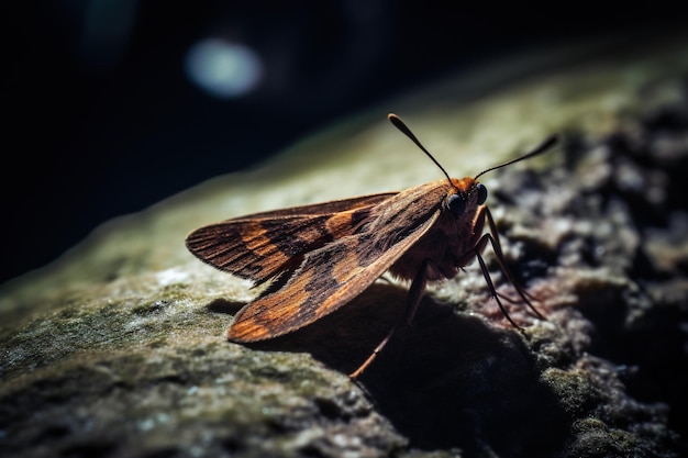 Una polilla sobre una roca con un fondo oscuro