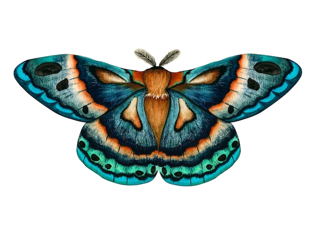 Polilla verde azul acuarela aislada sobre fondo blanco Ilustración pintada a mano mariposa nocturna imperial Insecto para el diseño de carteles de papel tapiz