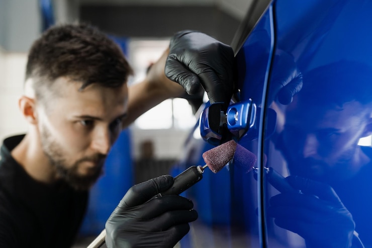 Foto polimento de alça de carro com polidor orbital para remover arranhões sob alças de carro trabalhador de detalhamento de serviço automático fazendo polimento final para carro