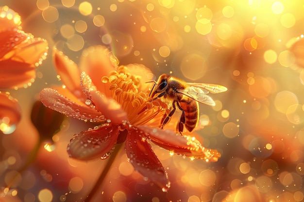 Foto la polinización de la flor de naranja vibrante de la abeja con ia generativa de rocío