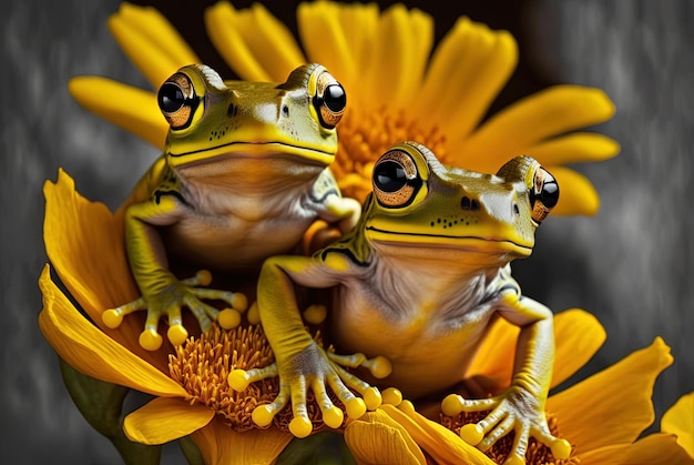 Los polípedos leucomystax, a menudo conocidos como ranas de árbol, se ven de cerca en una flor amarilla brillante