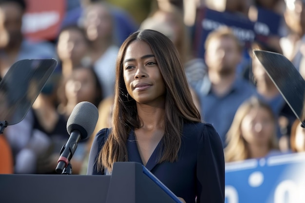 Una política negra estadounidense da un discurso en un mitin