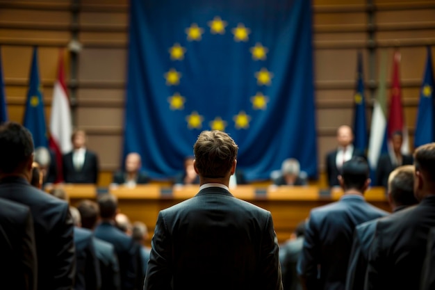 Foto política de la unión europea políticos irreconocibles en el parlamento de la ue frente a la bandera de la ue