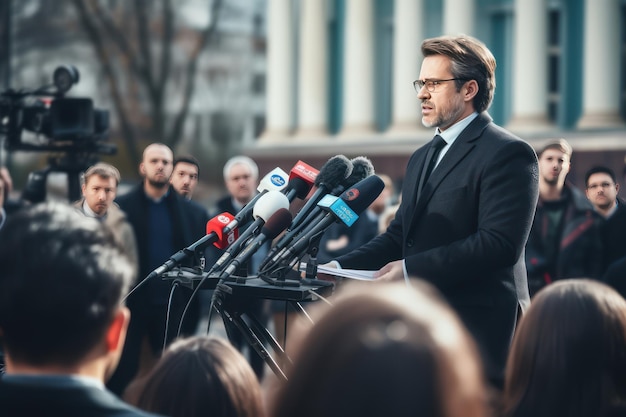 Foto político hace promesas poco realistas durante una conferencia de prensa promesas electorales muchos reporteros con micrófonos y cámaras