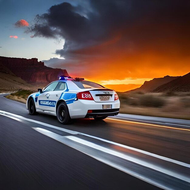 Polizeiauto auf der Straße und Sonnenuntergang