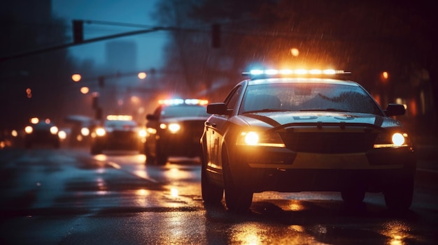 Polizeiauto mit Blinklichtern auf der nächtlichen Straße Generative KI