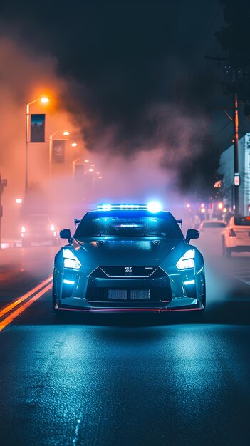 Polizeifahrzeug fährt nachts eine Straße hinunter mit Rauch, der aus der Motorhaube kommt