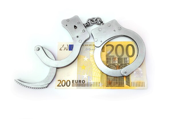 Polizeihandschellen und 200-Euro-Banknoten auf weißem Hintergrund - Finanz- und Kriminalitätskonzept