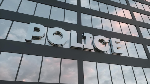 Polizeischild auf einem modernen Wolkenkratzer aus Glas Polizeiglasgebäude 3D-Rendering