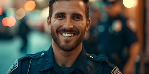 Polizist lächelt zuversichtlich, während er mit Teammitgliedern kommuniziert Konzept Teamarbeit Strafverfolgung Vertrauen Führung Kommunikation