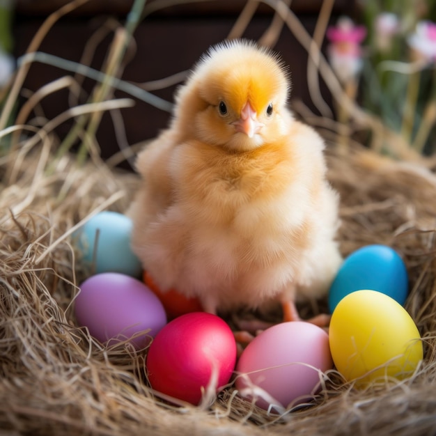 Un pollito amarillo esponjoso sentado entre huevos coloridos en una cama de paja