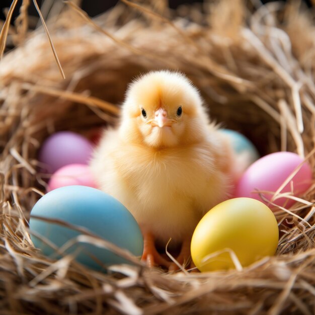 Un pollito amarillo esponjoso sentado entre huevos coloridos en una cama de paja