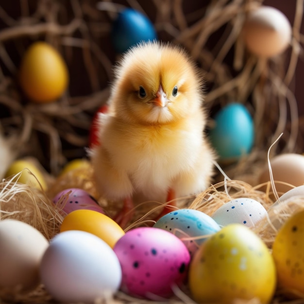 Un pollito amarillo esponjoso sentado entre huevos coloridos en una cama de paja