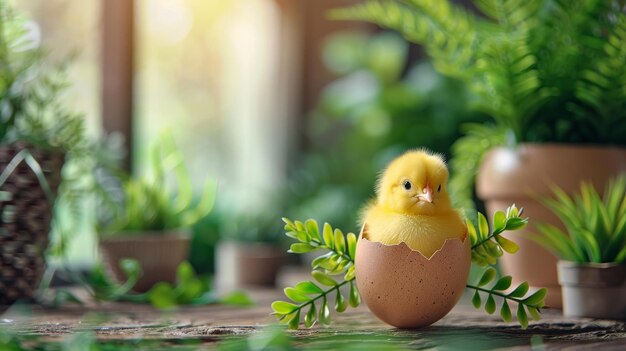 Foto el pollito amarillo que emerge de la cáscara de huevo el concepto alegre de pascua el fondo soleado con espacio de copia ai generativo