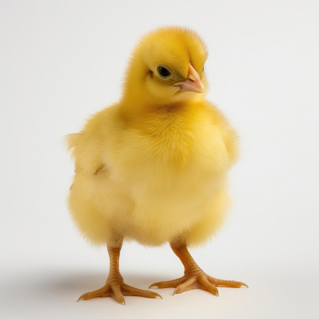 Un pollito amarillo recién nacido sobre fondo blanco.