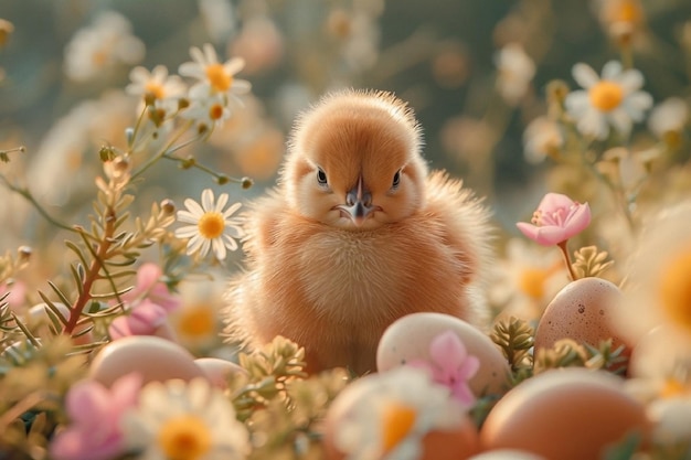 El pollito en las flores de primavera