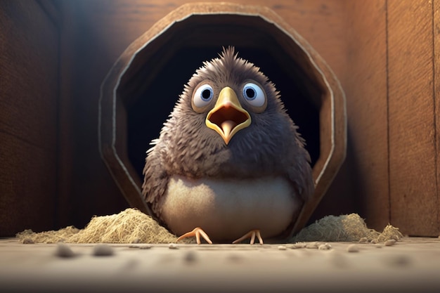 Pollito gordito sentado afuera de la puerta del gallinero cantando