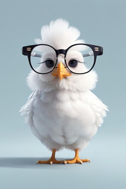 Foto un pollito lindo con gafas negras aislado sobre un fondo blanco.