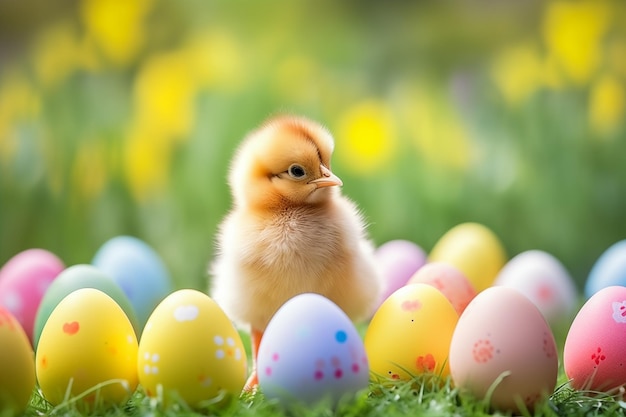 Un pollito lindo y huevos de Pascua coloridos en el césped verde perfecto