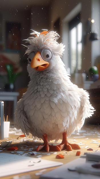 Pollito loco y adorable con ojos saltones en una oficina IA generativa