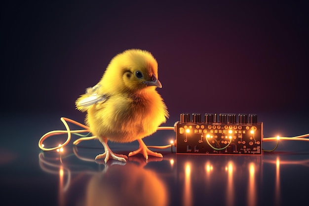 Pollito con luz que está en el mundo digital Ilustración de animales de granja IA generativa