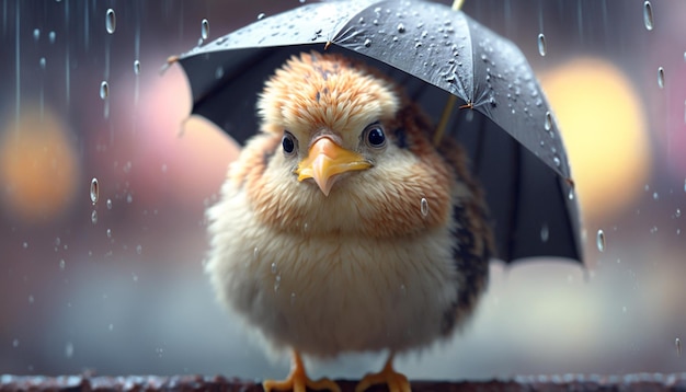 Pollito con paraguas de pie bajo la lluvia