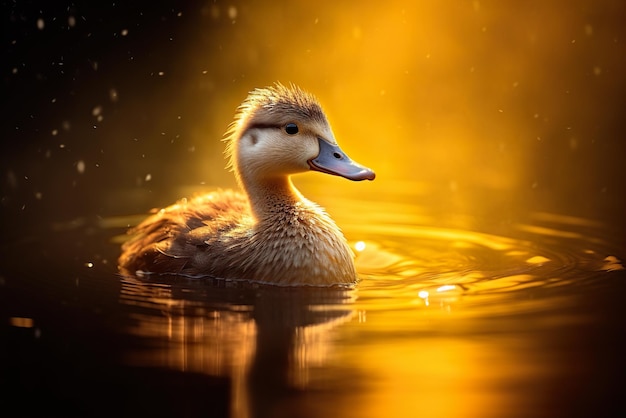 El pollito de pato nadando en la puesta de sol