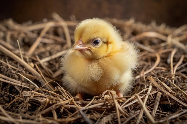 Un pollito recién nacido en un campo soleado