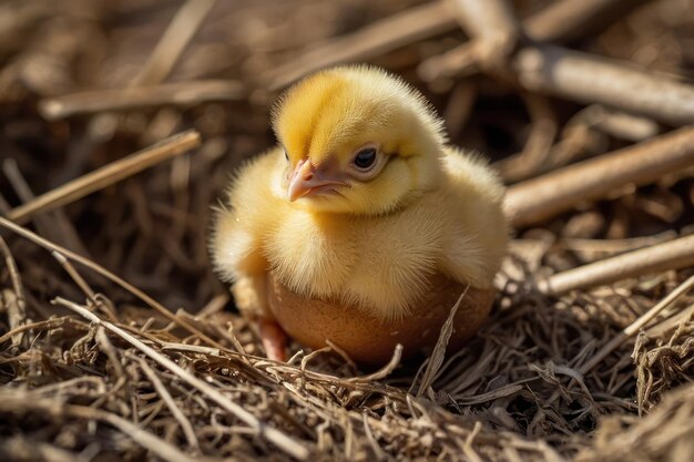 Un pollito recién nacido en un campo soleado